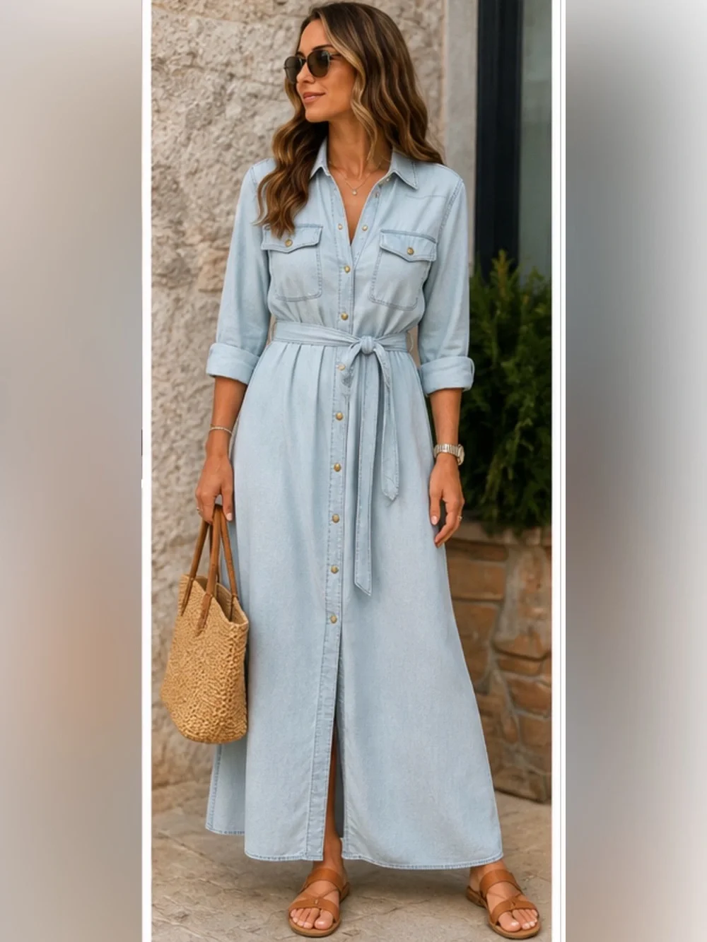 Michael Kors Light Blue denim Button-Front Maxi Dress with Waist belt